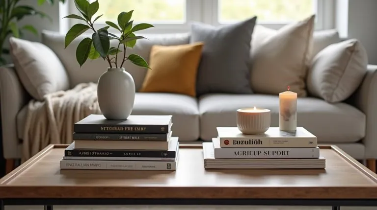 Living room coffee table styled with stacked books, candle, plant, and cozy gallery-inspired decor.