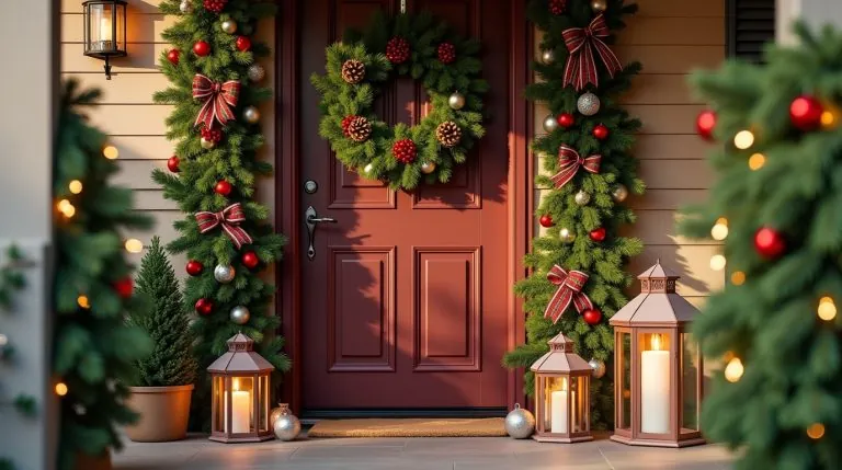 Festive front door with wreaths, garlands, ribbons, ornaments, and glowing lanterns for Christmas.