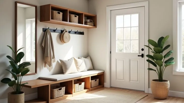 Stylish mudroom entryway with bench, shelves, hooks, mirror, baskets, and clutter-free storage.