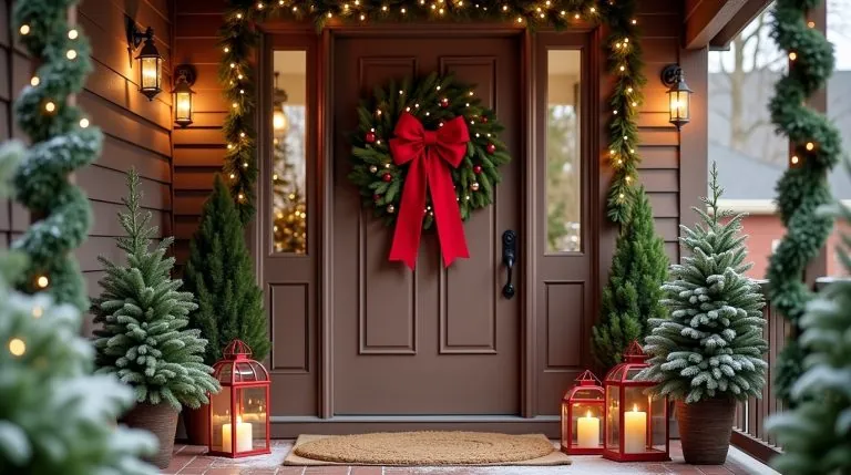 Front door with large red bow, evergreen wreath, ornaments, garlands, and festive cozy holiday decor.