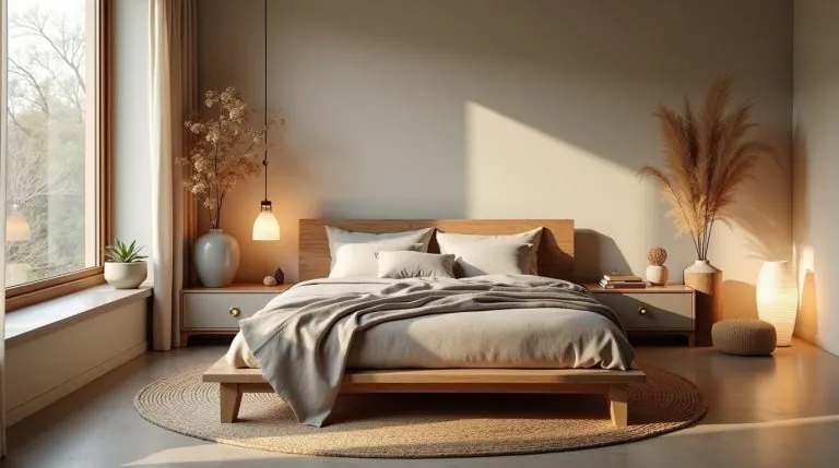 Serene Wabi Sabi bedroom with natural textures, earthy tones, and minimalist decor for tranquil retreat.