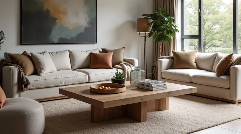 Living room with standout center table, natural wood, layered textiles, books, and cozy seating area.